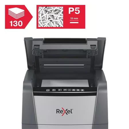 Iratmegsemmisítő, mikrokonfetti, 130 lap, REXEL, "Optimum AutoFeed+ 130M"
