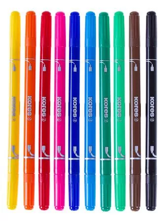 Filctoll készlet, 1-3 mm, kétvégű, kimosható, KORES "Korellos 2in1", 10 különböző szín