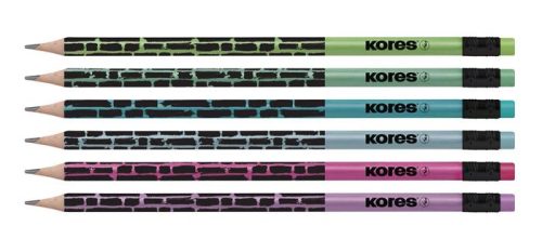 Grafitceruza radírral, HB, háromszögletű, KORES "Style Cracked", vegyes metál színek