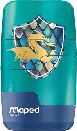 Hegyező és radír, kétlyukú, tartályos, pótradírral, MAPED "Connect Dragon", sárkány