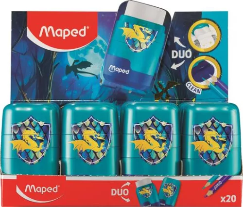 Hegyező és radír display, kétlyukú, tartályos, MAPED "Connect Dragon", sárkány