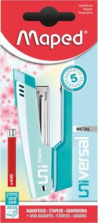 Tűzőgép, 24/6, 26/6, 20 lap, MAPED "Universal Metal Half-Strip Pastel", pasztell türkiz