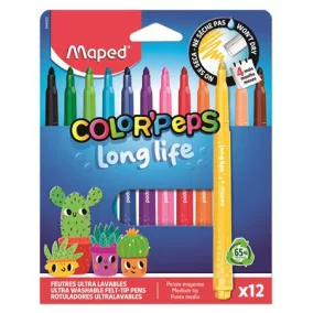   Filctoll készlet, 3,7 mm, kimosható, MAPED „Color'Peps Long Life 2”, 12 különböző szín