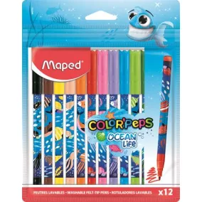   Filctoll készlet, 2 mm, kimosható, MAPED "Color'Peps Ocean Life", 12 különböző szín
