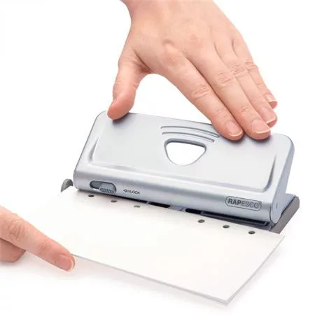 Lyukasztó, hatlyukú, 10 lap, fém, RAPESCO " New Diary 66",  ezüst