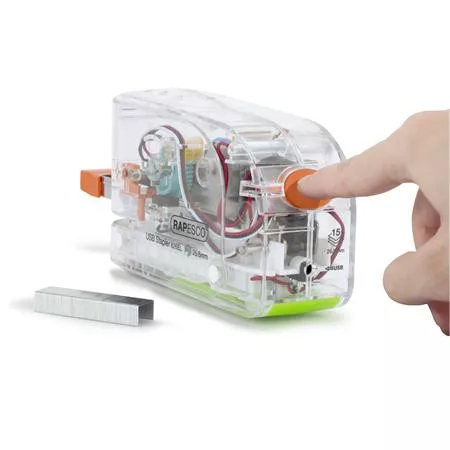 Tűzőgép, 26/6, 15 lap, elemes, USB töltővel, RAPESCO "626EL", átlátszó