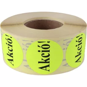   Etikett, 38 mm kör, "AKCIÓ" felirattal, 1000 etikett/tekercs, citromsárga