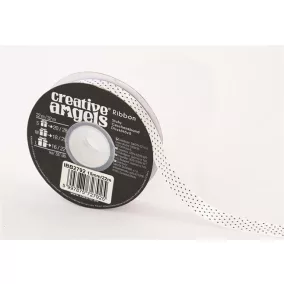 Szatén szalag, 15 mm x 22 m, fehér fekete pöttyökkel