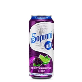   Alkoholmentes sör, 0,5 l, dobozos, SOPRONI "0.0%", feketeribizli-lime