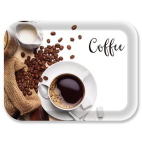 Tálca, szögletes, műanyag, kávé mintás, 33x24,5 cm