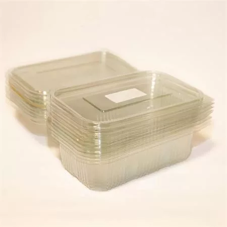 Ételtároló doboz, egybefedeles, újrahasznosított műanyag, szögletes, 750 ml, 100 db, "Party", víztiszta