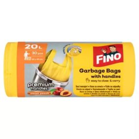   Szemeteszsák, köthető füles, illatosított, 20 l, 30 db, 44x49 cm, 12 µ, FINO "Premium handles", sárga