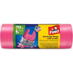   Szemeteszsák, köthető füles, illatosított, 70 l, 15 db, 62x73 cm, 16 µ, FINO "Premium handles", rózsaszín