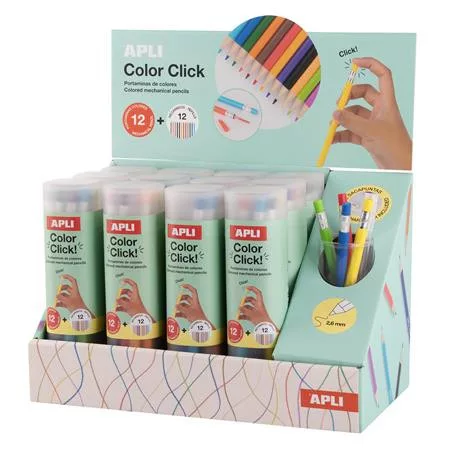 Színes töltőceruza készlet, ceruzatartóban, display, APLI "Color Click", 12 szín