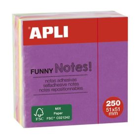   Öntapadó jegyzettömb, 51x51 mm, 250 lap, APLI "Funny", neon