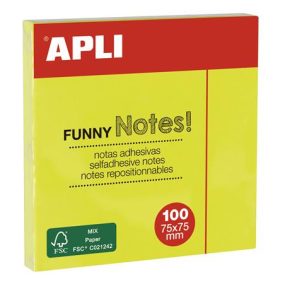   Öntapadó jegyzettömb, 75x75 mm, 100 lap, APLI "Funny", neon sárga