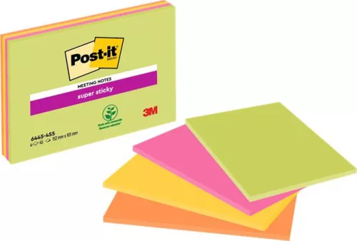 Öntapadó jegyzettömb, 152x101 mm, 4x45 lap, 3M POSTIT "Super Sticky", vegyes színek