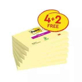   Öntapadó jegyzettömb, 76x127 mm, 4+2x90 lap, 3M POSTIT "Super Sticky", kanári sárga