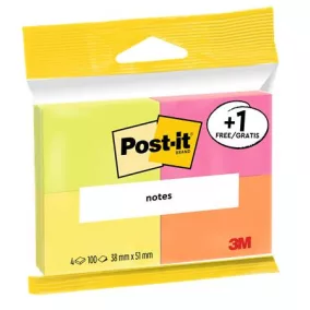   Öntapadó jegyzettömb, 38x51 mm, 4x100 lap, 3M POSTIT, "Neon"