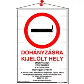   Információs tábla, 21x31 cm, többnyelvű, "Dohányzásra kijelölt hely"