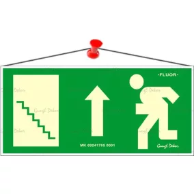   Információs tábla, 25x11,5 cm, fluoreszkáló, utánvilágítós, "Menekülési irány fel, lépcső balra"