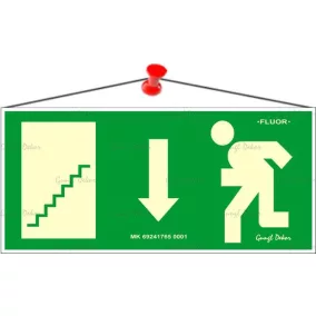   Információs tábla, 25x11,5 cm, fluoreszkáló, utánvilágítós, "Menekülési irány le, lépcső balra"