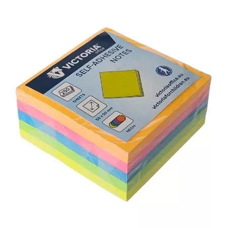 Öntapadó jegyzettömb, 50x50 mm, 250 lap, VICTORIA OFFICE, neon