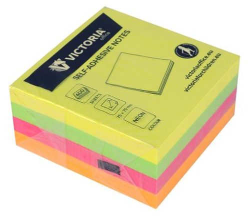 Öntapadó jegyzettömb, 75x75 mm, 400 lap, VICTORIA OFFICE, neon