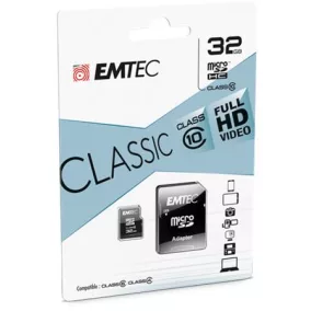   Memóriakártya, microSDHC, 32GB, CL10, 20/12 MB/s, adapter, EMTEC "Classic"