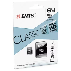   Memóriakártya, microSDXC, 64GB, CL10, 20/12 MB/s, adapter, EMTEC "Classic"