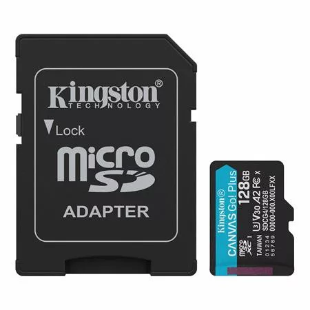 Memóriakártya, microSDXC, 128GB, C10/UHS-I/U3/V30/A2, Gen4, adapter, KINGSTON "Canvas Go! Plus"
