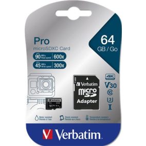   Memóriakártya, microSDXC, 64GB, CL10/U3, 90/45 MB/s, adapter, VERBATIM "PRO"