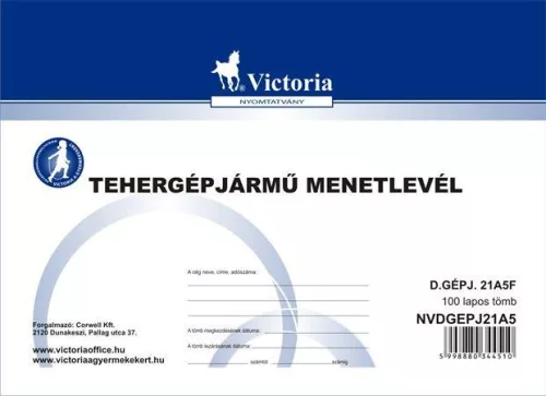 Nyomtatvány, menetlevél, tehergépjármű, 100 lap, A5, fekvő, VICTORIA PAPER, "D.GÉPJ.21.", 10 tömb/csomag