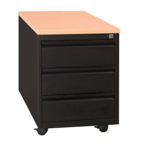   Guruló fém fiókos konténer, 3 fiókos, fa fedlappal, 620mmx460mmx790mm, Fekete/bükk