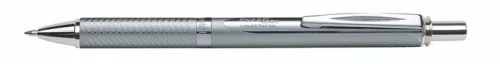 Zseléstoll, 0,35 mm, nyomógombos, ezüst tolltest, PENTEL "EnerGel BL-407" fekete, ajándék kék tollbetéttel