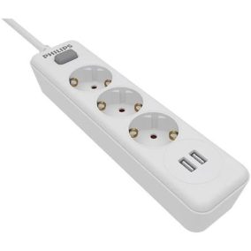   Elosztósor, 3 csatlakozóaljzat, 2xUSB-A, 2 m kábel, PHILIPS, fehér