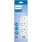   Elosztósor, 3 csatlakozóaljzat, 2xUSB-A, 2 m kábel, PHILIPS, fehér