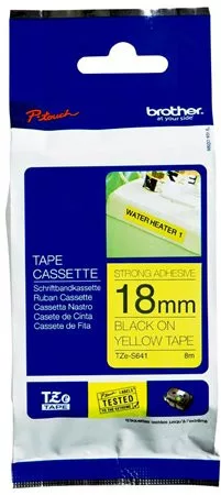 Feliratozógép szalag, erős tapadású, 18 mm x 8 m, BROTHER, "Professzionális TZe-S641" sárga-fekete