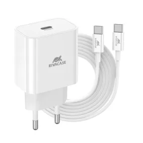   Hálózati töltő, 20W, USB-C, USB-C, USB-C/USB-C töltőkábel, RIVACASE "PS4101", fehér