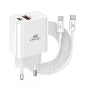  Hálózati töltő, 20W, USB-A és USB-C, USB-C, USB-C/USB-C töltőkábel, RIVACASE "PS4102", fehér