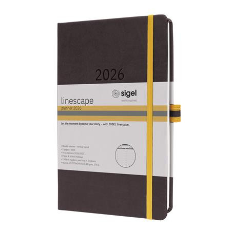 Naptár, A5, heti, 2026, kemény borító, SIGEL "Linescape", szürke-sárga