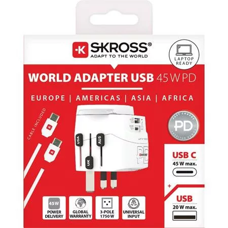 Adapter, világutazóknak, 1xUSB-A, 1xUSB-C PD, 45W, USB-C kábel, SKROSS