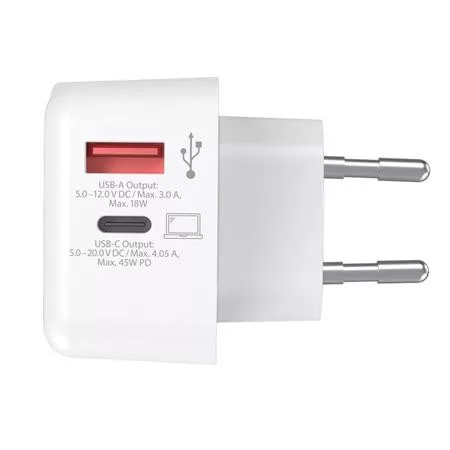 Hálózati töltő, 1xUSB-A, 1xUSB-C, PD, 45W, GaN, USB-C kábel, SKROSS