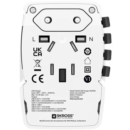 Hálózati töltő, világutazóknak, 1xUSB-A, 1xUSB-C PD, 65W, USB-C kábel, SKROSS