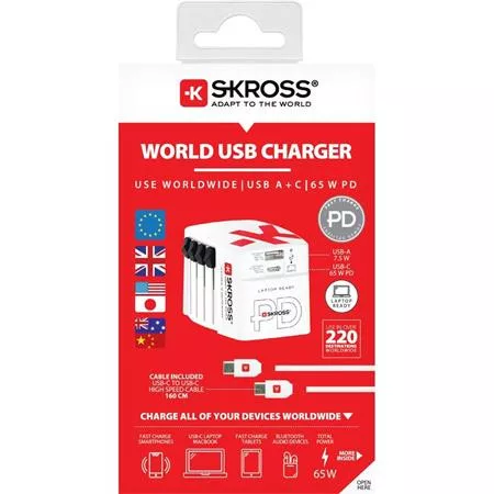 Hálózati töltő, világutazóknak, 1xUSB-A, 1xUSB-C PD, 65W, USB-C kábel, SKROSS