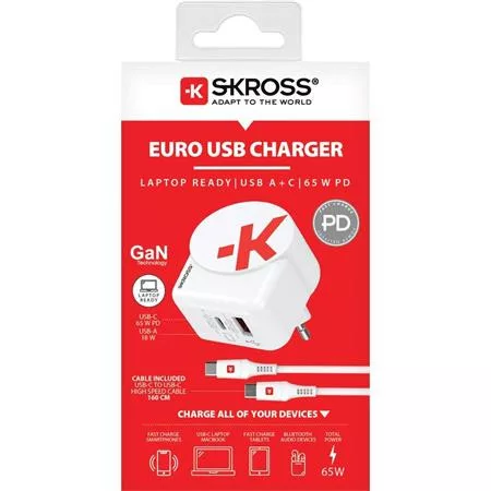 Hálózati töltő, 1xUSB-A, 1xUSB-C, PD, 65W, GaN, USB-C kábel, SKROSS