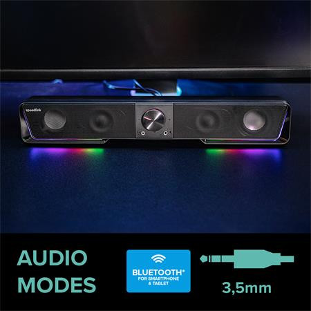 Hangszóró, 12W, 2x3.5 mm jack + USB-A, SPEEDLINK "GRAVITY RGB Stereo Soundbar", fekete