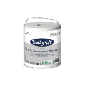   BulkySoft Premium Multiuse belsőmagos tekercses kéztörlő, 2 rétegű, hófehér, 500 lap, 100 méter/tekercs, 6 tekercs/zsák