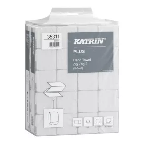   Katrin Plus Zig Zag 200 Handypack ''V'' hajtogatott kéztörlő, 2 rétegű, hófehér, 22,4x23 cm, 200 lap, 20 csomag/zsák