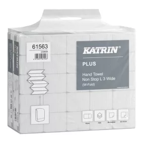   Katrin Plus Non-Stop Long Handy Pack ''W'' hajtogatott kéztörlő, 3 rétegű, hófehér, 24x32 cm, 90 lapos, 25 csomag/zsák